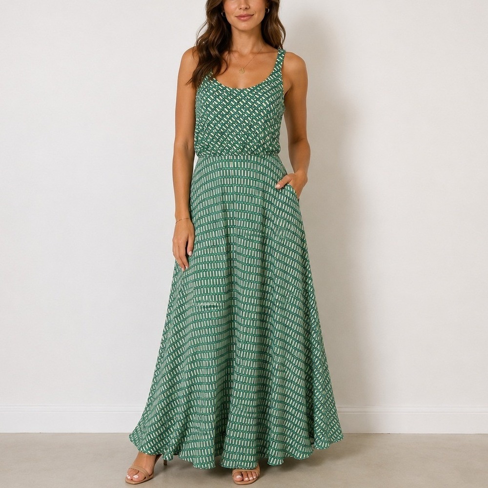 Banana Republic Maxi Dress 6 Green Geometric Pleated Pockets Flowy Summer - Picture 1 of 12